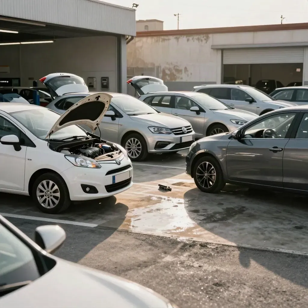 Fila de coches de ocasión en un lote urbano, con capó y maletero abiertos bajo calor tembloroso.