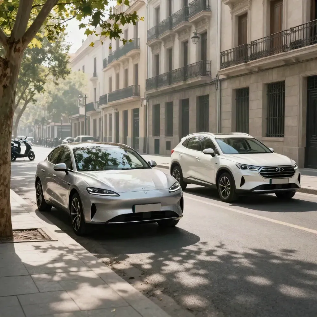 Sedán y SUV en una calle arbolada de Madrid con fachadas de piedra y scooters al fondo.