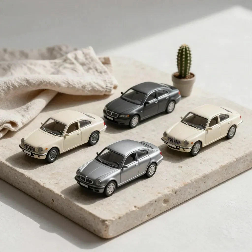 Tres coches en miniatura sobre bandeja de piedra con paño y cactus.