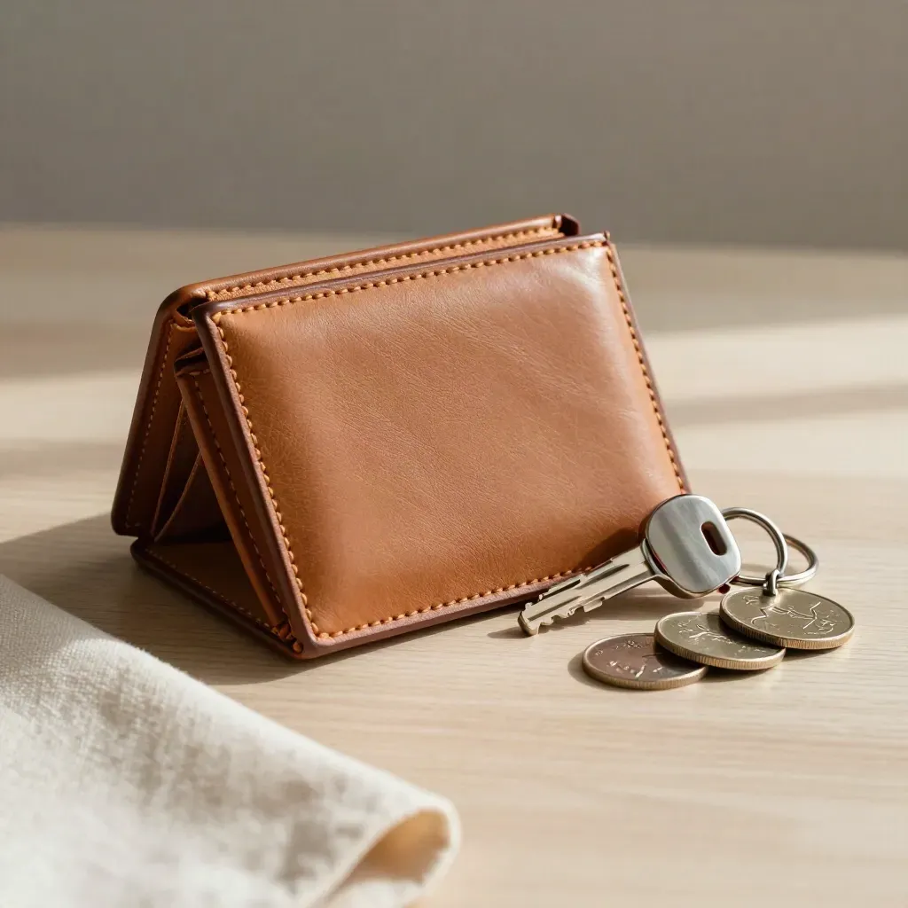 Cartera de cuero, mando del coche y fichas metálicas sobre madera clara, con luz suave lateral.